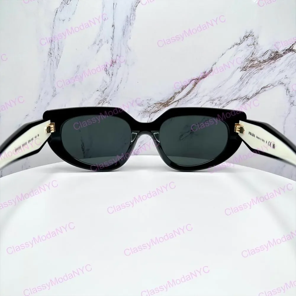 New PRADA Sunglasses Black White Talc Gold Symbole Oval Cat Eye Womens